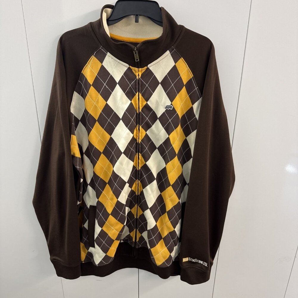 Ecko Unltd Track Jacket Mens XL Brown Gold Cream Argyle Full Zip Rap Hip Hop
